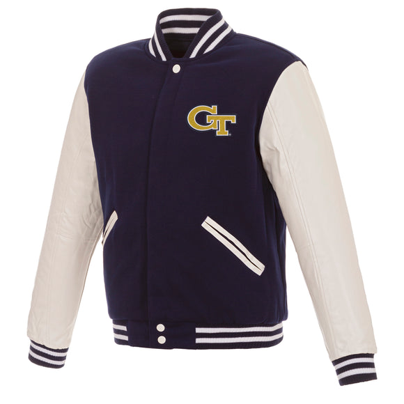 Georgia Tech Yellow Jackets JH Design Reversible Fleece Jacket with Faux Leather Sleeves - Navy/White - J.H. Sports Jackets