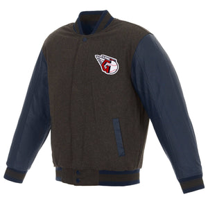 Cleveland Guardians Wool & Leather Reversible Jacket w/ Embroidered Logos - Charcoal/Navy