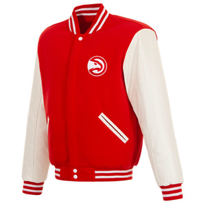 Atlanta Hawks  - JH Design Reversible Fleece Jacket with Faux Leather Sleeves - Red/White - J.H. Sports Jackets