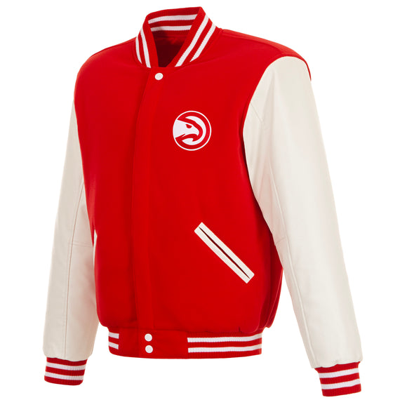 Atlanta Hawks  - JH Design Reversible Fleece Jacket with Faux Leather Sleeves - Red/White - J.H. Sports Jackets