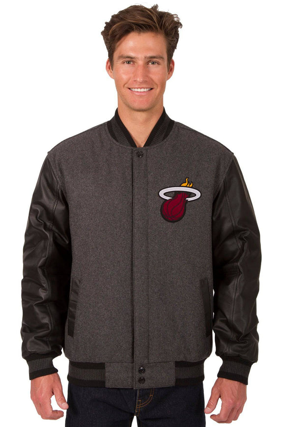 Miami Heat Wool & Leather Reversible Jacket w/ Embroidered Logos - Charcoal/Black