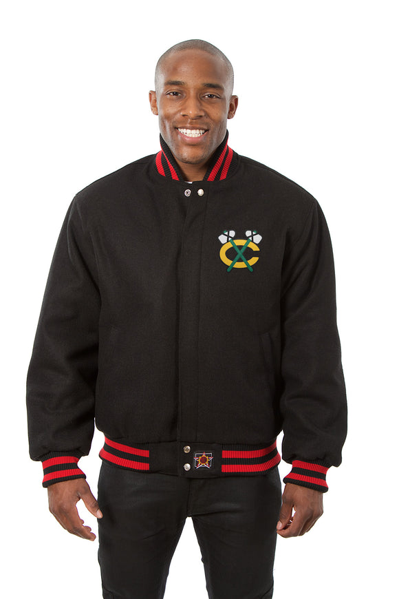 Chicago Blackhawks Wool & Leather Reversible Jacket w/ Embroidered Logos - Black Small