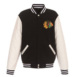 Chicago Blackhawks  - JH Design Reversible Fleece Jacket with Faux Leather Sleeves - Black/White