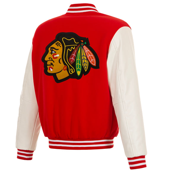 Chicago Blackhawks - JH Design Reversible Fleece Jacket with Faux Leather Sleeves - Red/White - J.H. Sports Jackets