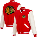 Chicago Blackhawks - JH Design Reversible Fleece Jacket with Faux Leather Sleeves - Red/White - J.H. Sports Jackets