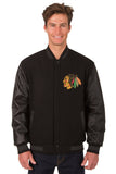 Chicago Blackhawks Wool & Leather Reversible Jacket w/ Embroidered Logos - Black