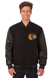 Chicago Blackhawks Wool & Leather Reversible Jacket w/ Embroidered Logos - Black