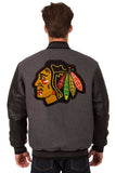 Chicago Blackhawks Wool & Leather Reversible Jacket w/ Embroidered Logos - Charcoal/Black