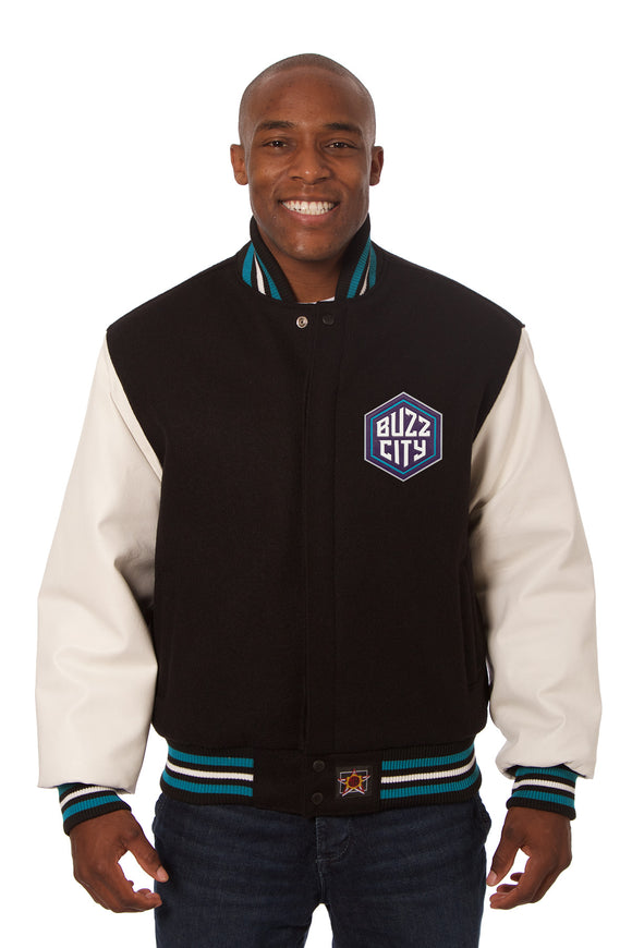 Charlotte Hornets Domestic Two-Tone Handmade Wool and Leather Jacket-Black/White - J.H. Sports Jackets
