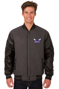 Charlotte Hornets Wool & Leather Reversible Jacket w/ Embroidered Logos - Charcoal/Black