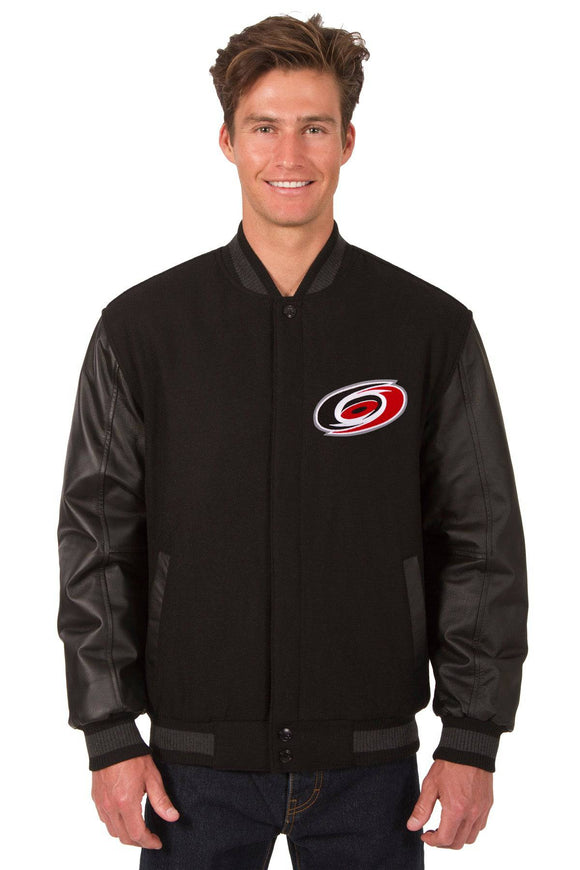 Carolina Hurricanes Wool & Leather Reversible Jacket w/ Embroidered Logos - Black