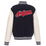 Cleveland Indians - JH Design Reversible Fleece Jacket with Faux Leather Sleeves - Navy/White