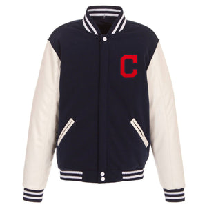 Cleveland Indians - JH Design Reversible Fleece Jacket with Faux Leather Sleeves - Navy/White