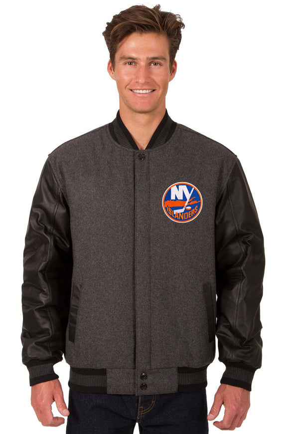 New York Islanders Wool & Leather Reversible Jacket w/ Embroidered Logos - Charcoal/Black