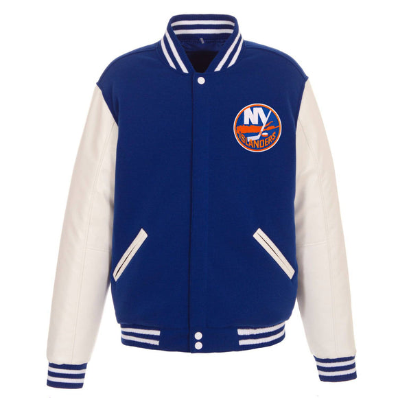 New York Islanders JH Design Reversible Fleece Jacket with Faux Leather Sleeves - Royal/White