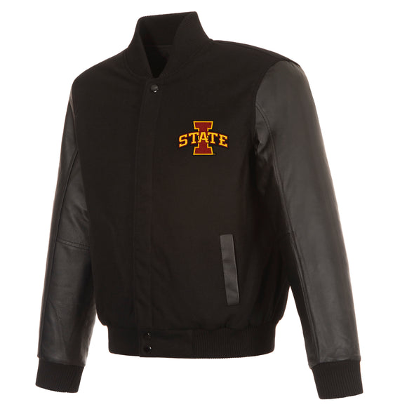 Iowa State Cyclones Wool & Leather Reversible Jacket w/ Embroidered Logos - Black - J.H. Sports Jackets