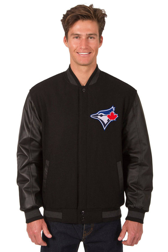 Toronto Blue Jays Wool & Leather Reversible Jacket w/ Embroidered Logos - Black