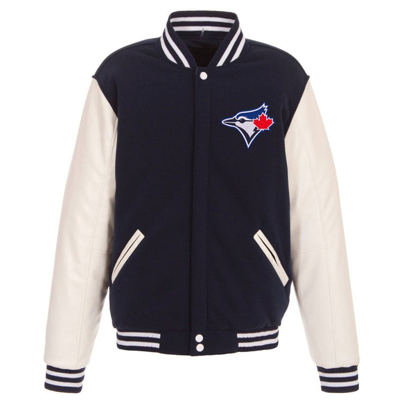 Toronto Blue Jays - JH Design Reversible Fleece Jacket with Faux Leather Sleeves - Navy/White