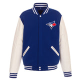 Toronto Blue Jays - JH Design Reversible Fleece Jacket with Faux Leather Sleeves - Royal/White