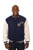 Utah Jazz Domestic Two-Tone Handmade Wool and Leather Jacket-Navy/White