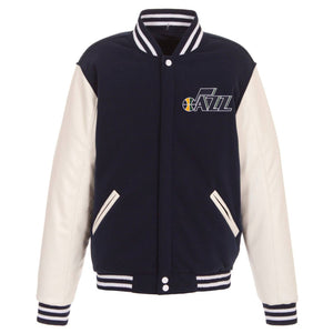 Utah Jazz - JH Design Reversible Fleece Jacket with Faux Leather Sleeves - Navy/White