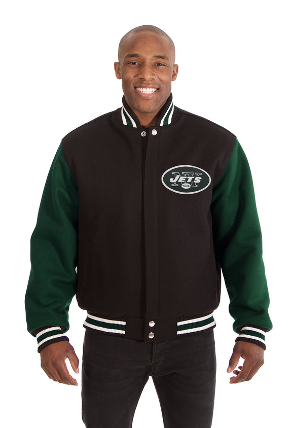 New York Jets JH Design Wool Handmade Full-Snap Jacket-Black/Green - J.H. Sports Jackets