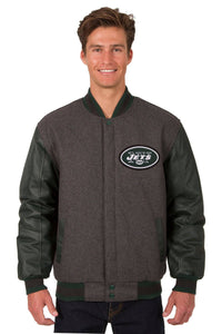 New York Jets Wool & Leather Reversible Jacket w/ Embroidered Logos - Charcoal/Green