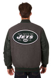 New York Jets Wool & Leather Reversible Jacket w/ Embroidered Logos - Charcoal/Green