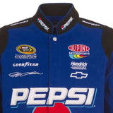 2024 Authentic Jeff Gordon Pepsi jacket in royal blue by JH Design, featuring embroidered Pepsi graphics, contrast trim, and a limited edition design. Midweight, officially licensed jacket with ribbed cuffs, waist hem, and multiple pockets, perfect for moderate temperatures.