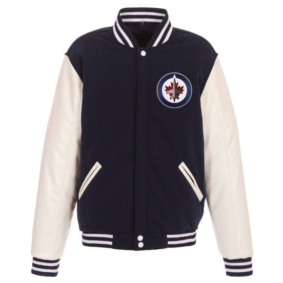 Winnipeg Jets JH Design Reversible Fleece Jacket with Faux Leather Sleeves - Navy/White