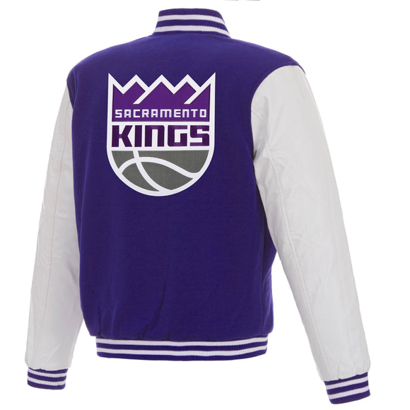 Sacramento Kings - JH Design Reversible Fleece Jacket with Faux Leather Sleeves - Purple/White - J.H. Sports Jackets