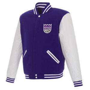 Sacramento Kings JH Design Reversible Fleece Jacket with Faux Leather Sleeves - Purple/White - J.H. Sports Jackets