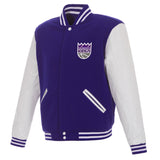 Sacramento Kings - JH Design Reversible Fleece Jacket with Faux Leather Sleeves - Purple/White - J.H. Sports Jackets