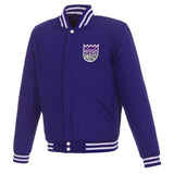 Sacramento Kings JH Design Reversible Fleece Jacket with Faux Leather Sleeves - Purple/White - J.H. Sports Jackets