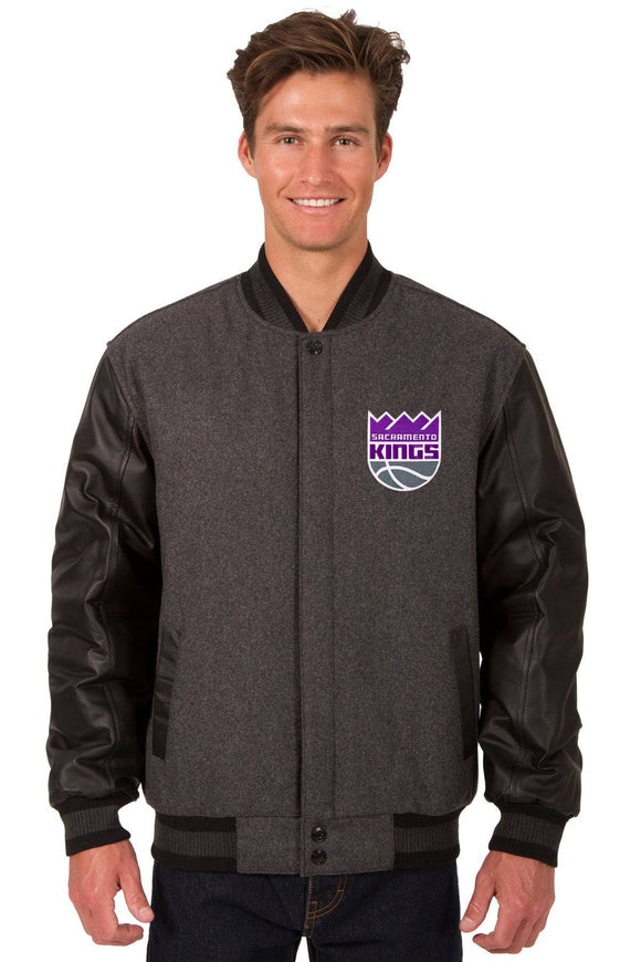 Sacramento Kings Wool & Leather Reversible Jacket w/ Embroidered Logos - Charcoal/Black