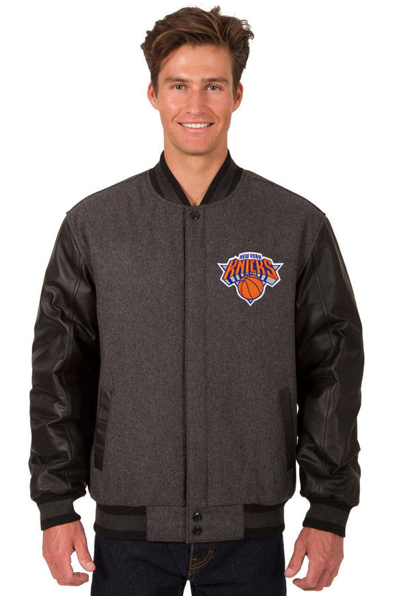 New York Knicks Wool & Leather Reversible Jacket w/ Embroidered Logos - Charcoal/Black