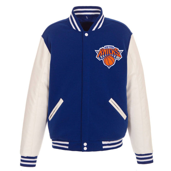 New York Knicks - JH Design Reversible Fleece Jacket with Faux Leather Sleeves - Royal/White