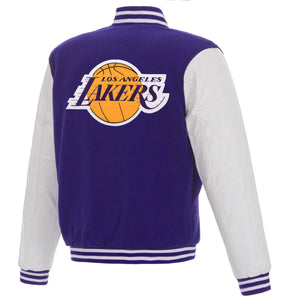 Los Angeles Lakers - JH Design Reversible Fleece Jacket with Faux Leather Sleeves - Purple/White - J.H. Sports Jackets