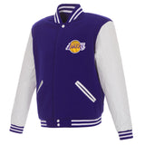 Los Angeles Lakers - JH Design Reversible Fleece Jacket with Faux Leather Sleeves - Purple/White - J.H. Sports Jackets