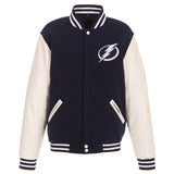 Tampa Bay Lightning JH Design Reversible Fleece Jacket with Faux Leather Sleeves - Navy/White