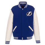 Tampa Bay Lightning JH Design Reversible Fleece Jacket with Faux Leather Sleeves - Royal/White