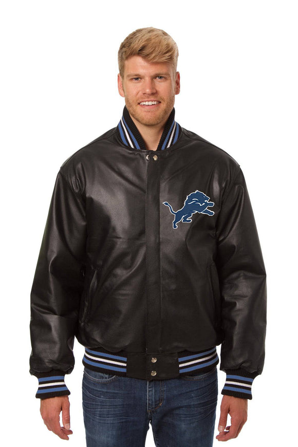 Detroit Lions Handmade Full Leather Snap Jacket - Black