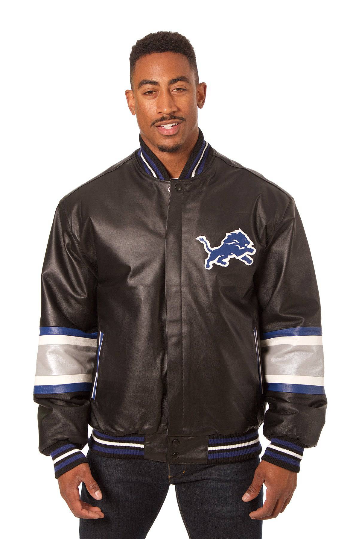 Detroit Lions JH Design All Leather Jacket - Black/Blue | J.H.