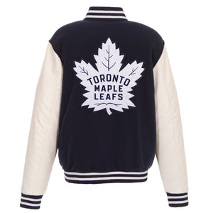 Toronto Maple Leafs - JH Design Reversible Fleece Jacket with Faux Leather Sleeves - Navy/White