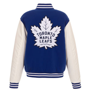 Toronto Maple Leafs - JH Design Reversible Fleece Jacket with Faux Leather Sleeves - Royal/White