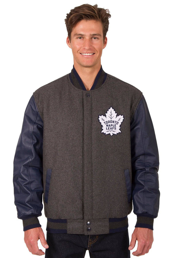 Toronto Maple Leafs Wool & Leather Reversible Jacket w/ Embroidered Logos - Charcoal/Navy