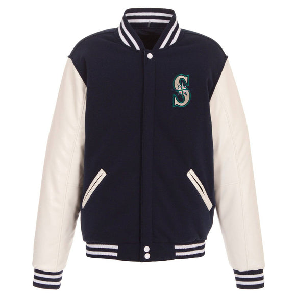 Seattle Mariners - JH Design Reversible Fleece Jacket with Faux Leather Sleeves - Navy/White