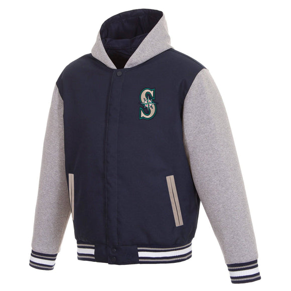 Seattle Mariners Two-Tone Reversible Fleece Hooded Jacket - Navy/Grey