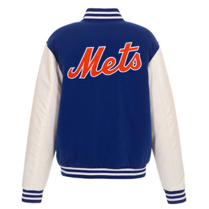 New York Mets - JH Design Reversible Fleece Jacket with Faux Leather Sleeves - Royal/White