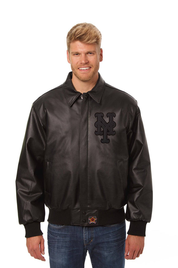 New York Mets Full Leather Jacket - Black/Black